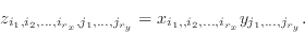 \begin{displaymath}
z_{i_1,i_2,\ldots,i_{r_x},j_1,\ldots,j_{r_y}} =
x_{i_1,,i_2,\ldots,i_{r_x}}y_{j_1,\ldots,j_{r_y}}.
\end{displaymath}